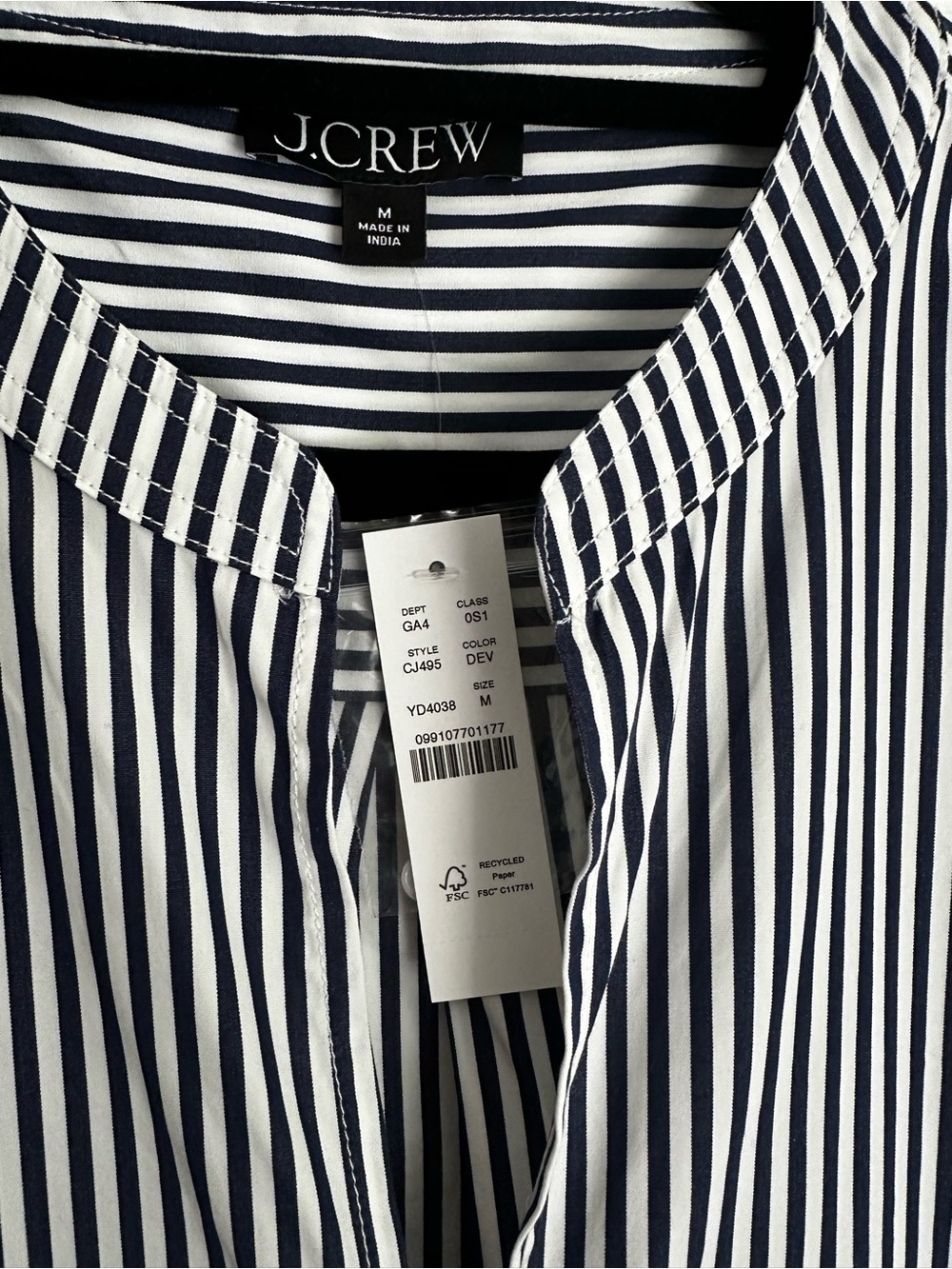 J. Crew Navy and White Striped Collarless Shirt - Picture 2 of 7